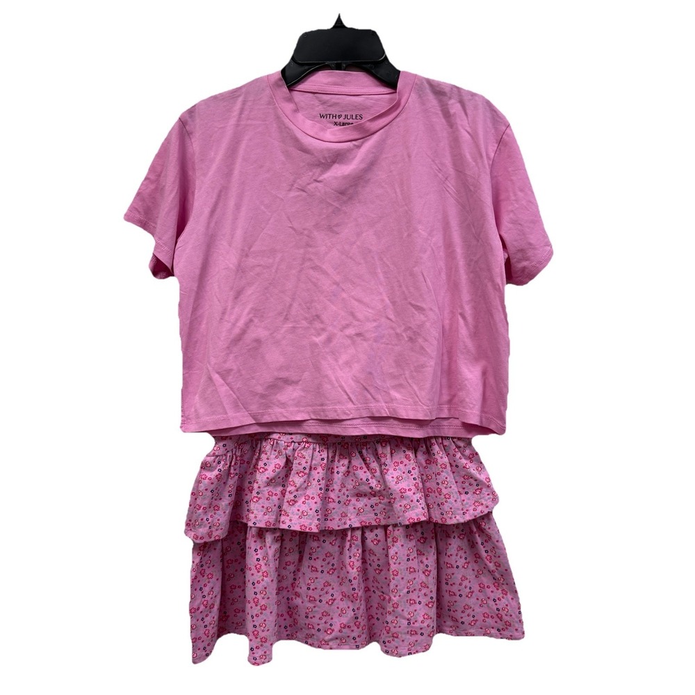 NWT With Jules Pink Floral Tiered Skirt & Crop Tee Set XL Coquette Y2K